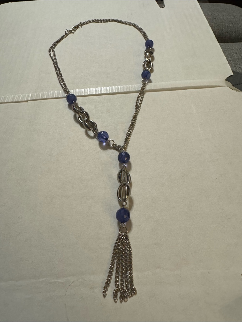Silver-Tone Necklace with Blue Bead Accents and Tassel Drop